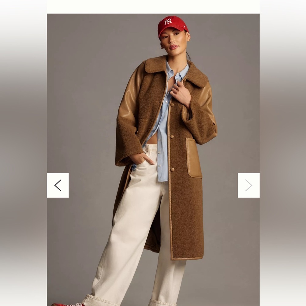 Avec Les Filles Brown Faux-Shearling Trench Coat with Leather Trim